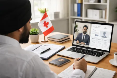 South Asian immigration consultant in a professional office reviewing a business website on a laptop during a Zoom-style meeting, with Canadian documents and workspace materials on the desk.